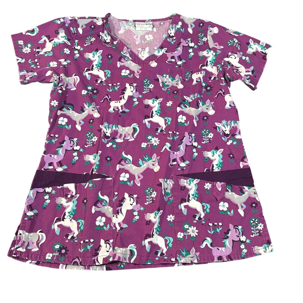UA Scrubs Frolic in the Flowers Berry Burst Unicorn V-Neck Scrub Top Medium